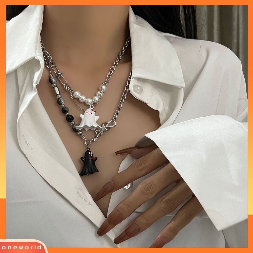 [EONE] Wanita Kalung Asimetris Mutiara Imitasi Palsu Kristal Hip Hop Hadiah Putih Hitam Hantu Liontin Musim Gugur Dingin Sweater Kalung Fashion Perhiasan