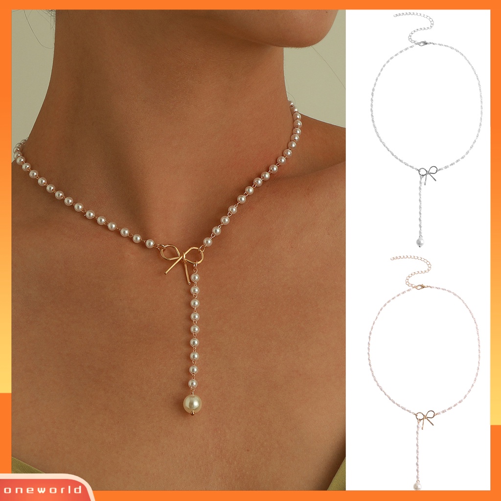 [EONE] Mutiara Imitasi Kalung Lucu Alloy Busur Panjang Rumbai Manik-Manik Liontin Temperamen Dress-Up Warna Emas/Perak Wanita Gaun Sweater Kalung Aksesoris Perhiasan Hadiah