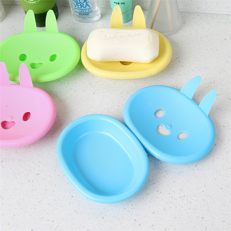 Kotak Sabun Kartun Kelinci Warna Random/Tempat Tiris Sabun Smiley Rabbit Double Layer/Nampan Penyimpanan Dapur Kamar Mandi