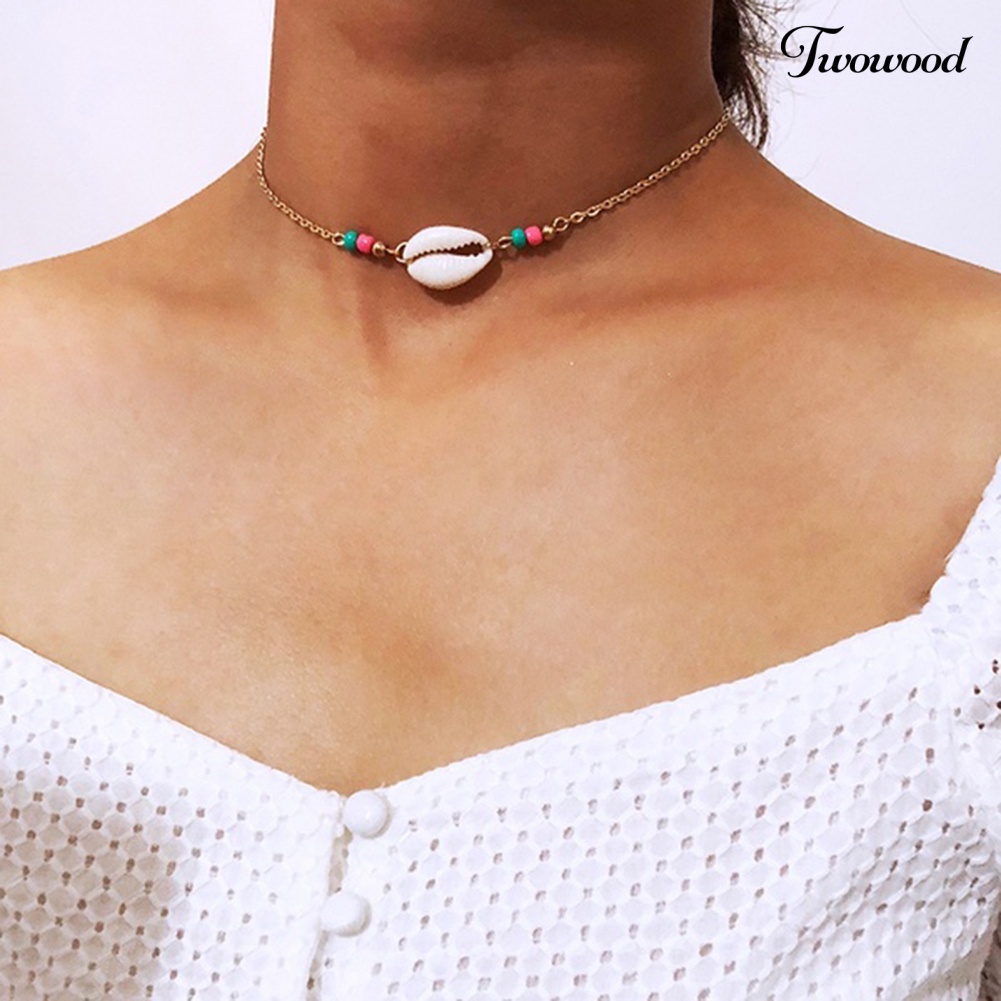 Twowood Bohemian Wanita Musim Panas Pantai Adjustable Manik-Manik Shell Choker Kalung Perhiasan