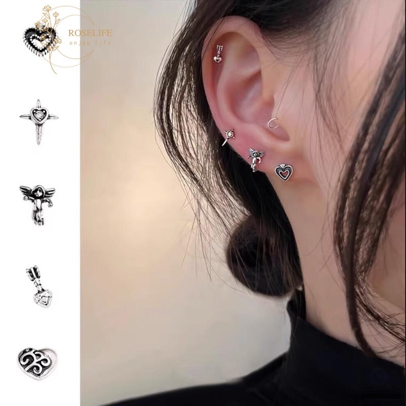 Roselife 5 Pcs Punk Retro Perak Hati Cupid Panah Cinta Anting Untuk Wanita Gadis Punk Semua Cocok Antik Anting-Anting Set Gaya Telinga Perhiasan Aksesoris