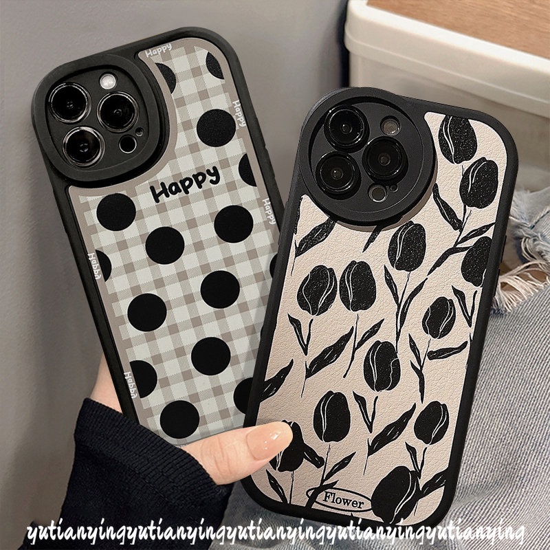 Happy Grid Big Dots Phone Case Kompatibel Untuk IPhone XR XS X Max11 13 12 14 Pro Max 7Plus 6s 6 7 8 Plus SE 2020 Shockproof Vintage Bunga Tulip Soft Cover