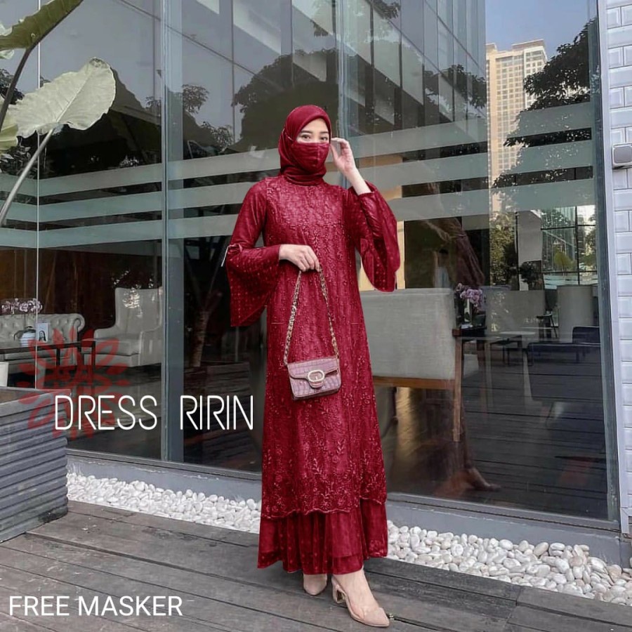 BAJU MAXI DRESS PESTA KONDANGAN WANITA GAUN BROKAT BRUKAT RIRIN FREE MASKER