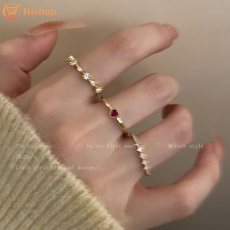 3pcs/set Retro Hati Permata Cincin Set Kristal Emas Cincin Untuk Aksesoris Perhiasan Wanita