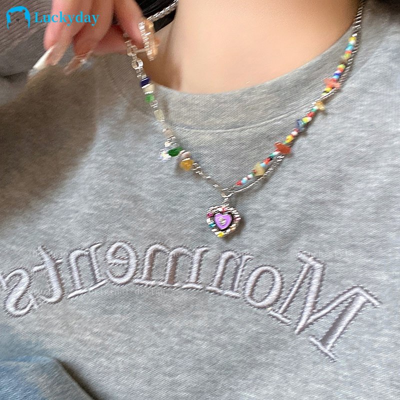 Yeezii Colorful Stone Bead Splicing Kalung Untuk Wanita Minyak Drip Jantung Perak Liontin Rantai Choker Perhiasan Aksesoris