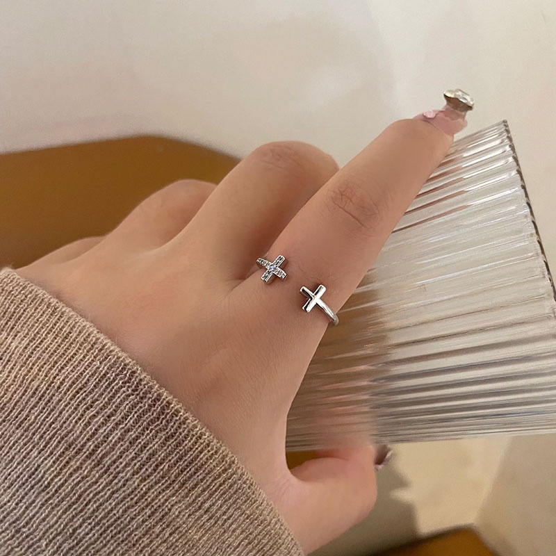 Cincin Korea Zircon Berlian Imitasi Alloy Cross Geometric Opening Untuk Anak Perempuan