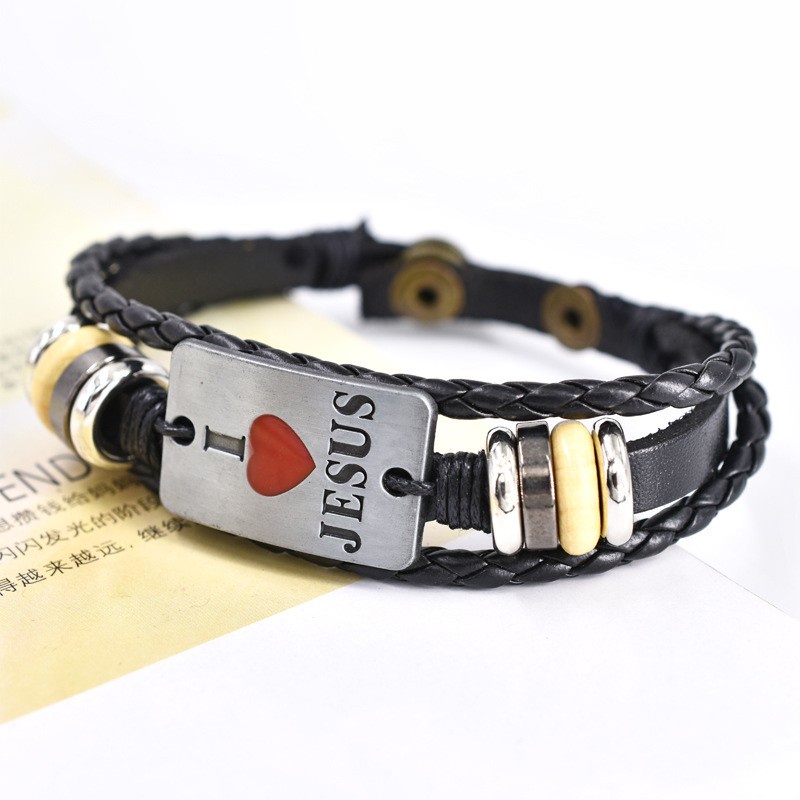 [Z H Perhiasan] Vintage Rock I Love Jesus Gelang Kulit Pria Dan Wanita Fashion Stainless Steel Cinta Pasangan PU Gelang Punk Pesta Perhiasan Aksesoris