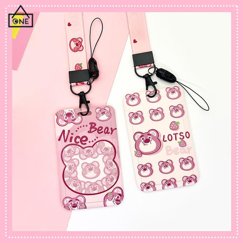 COD❤️Strawberry Bear Slid Cover Plastik Kartun Set Kartu Mahasiswa Kampus Kartu Tali Panjang Pelindung-A.one