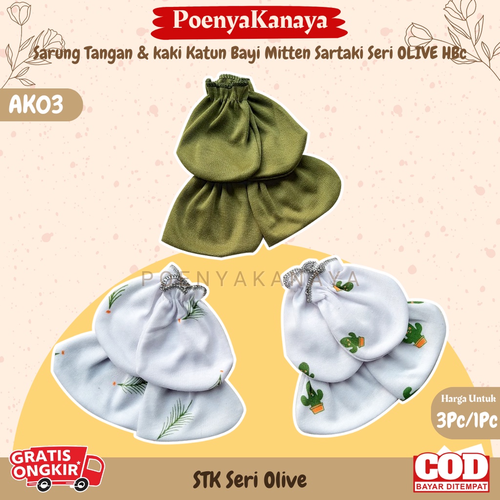 3set/1set Sarung Tangan &amp; kaki Katun Bayi Mitten Sartaki Seri OLIVE HBc AK03