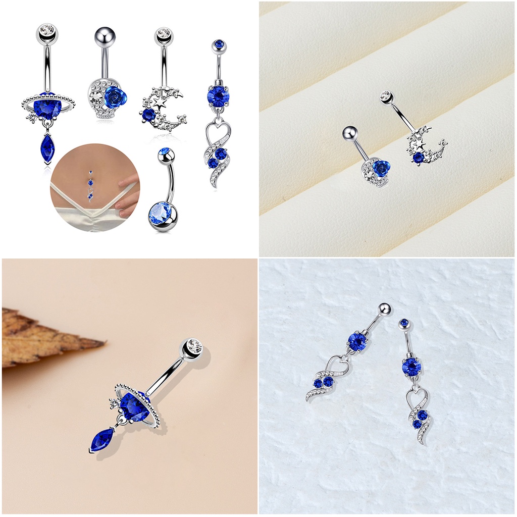 Kristal Biru Shiny Liontin Pusar Tindik Elegan Hati Menjuntai Tindik Pusar Stainless Steel Belly Button Rings