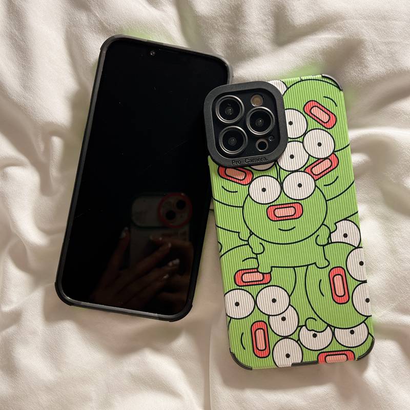 Soft sheepskin Leather Case IPhone 6S 7 8 Plus SE 2020 X XR XS Max 11 12 13 14 Pro Max 14 Plus Camera Protect for Women Girl Cute Funny Green Frog