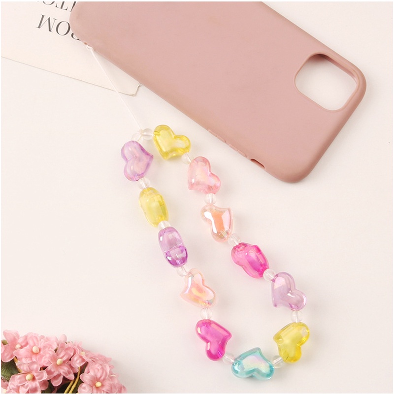 3d Pearlescent Warna Campur Cinta Hati Ponsel Case Bluetooth Earphone Cover Rantai Anti Hilang Untuk iPhone Untuk Samsung Untuk OPPO Untuk VIVO Untuk Huawei Untuk Redmi Untuk Xiaomi Tali Pendek