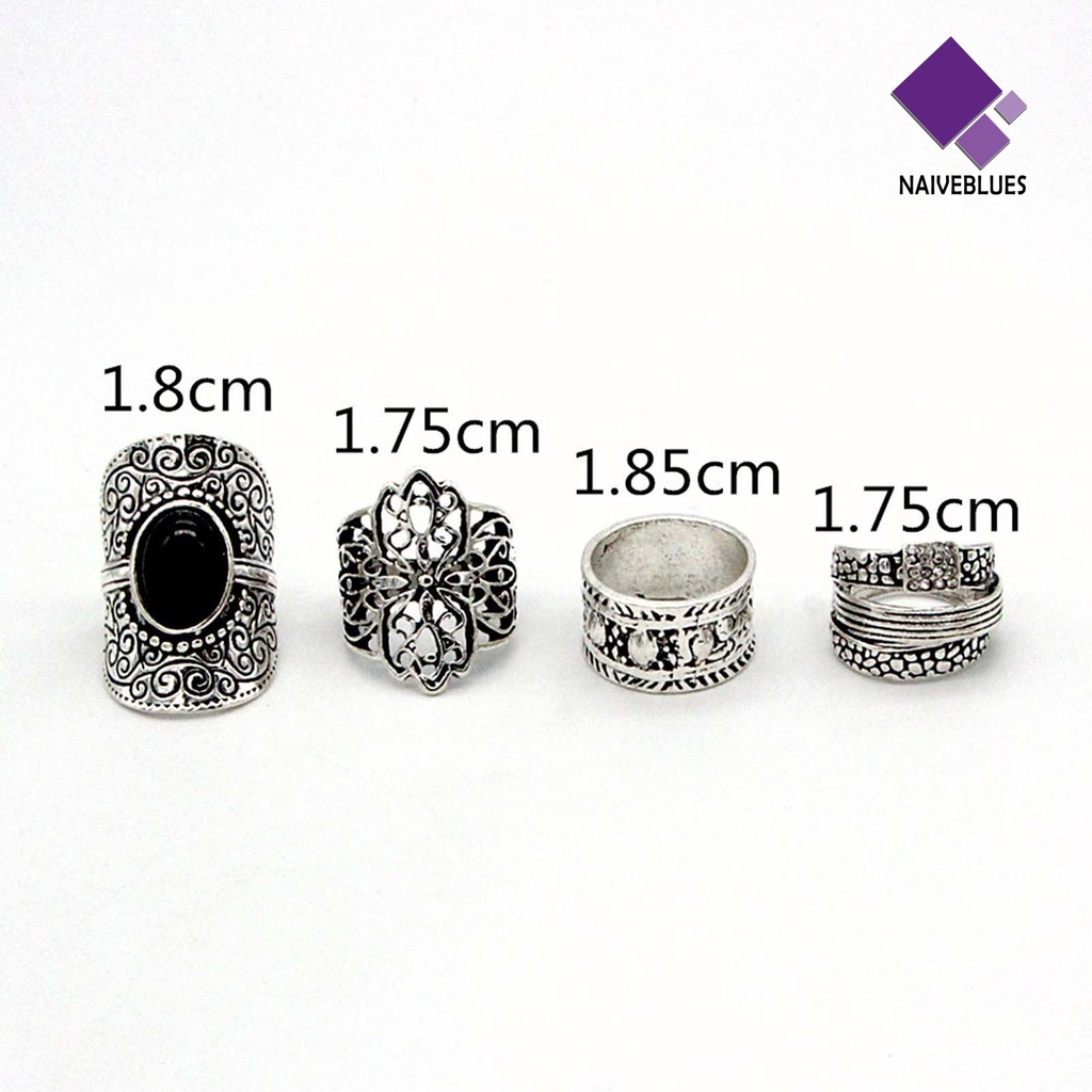 &lt; Naiveblues &gt; 4Pcs/Set Cincin Unisex Lebar Gaya Etnik Alloy Hollow Ukir Knuckle Rings Aksesoris