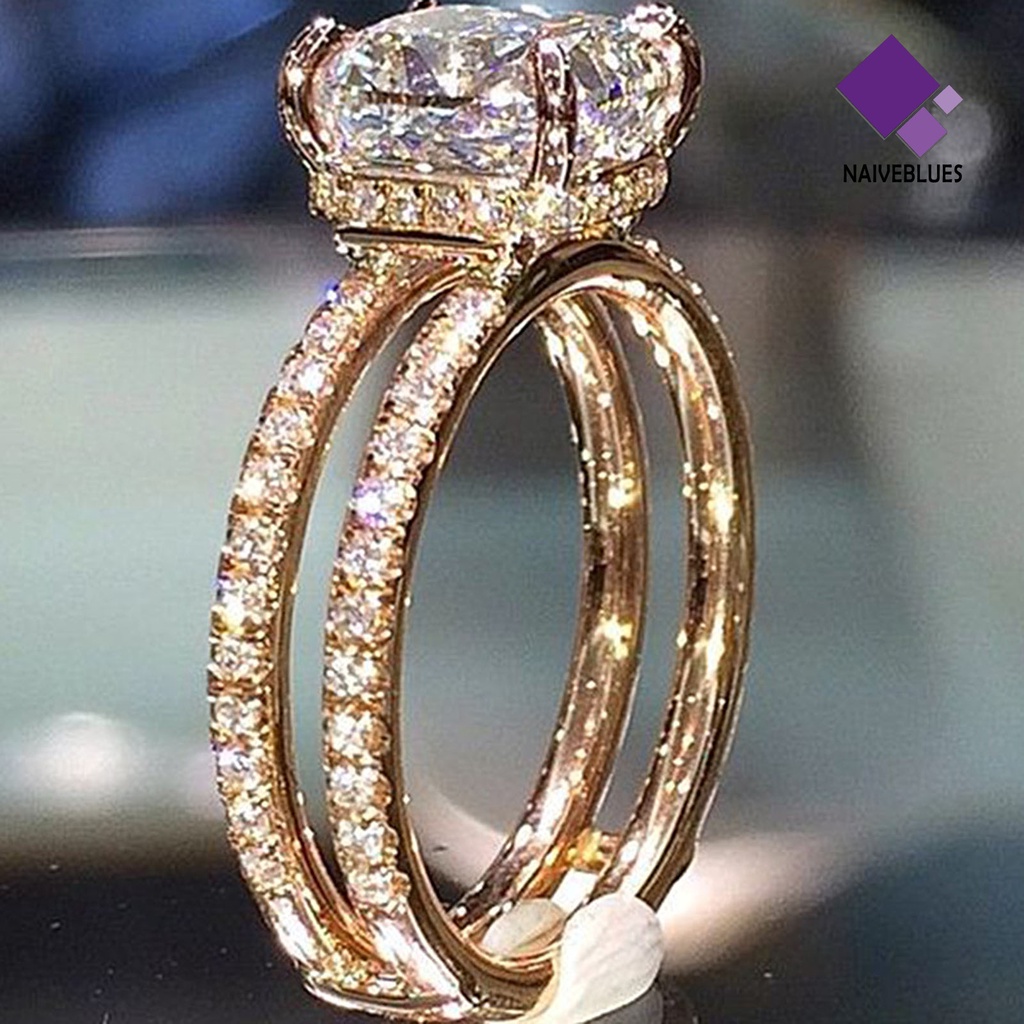 &lt; Naiveblues &gt; Wanita Cincin Lapisan Ganda Persegi Berlian Imitasi Perhiasan Fashion Penampilan Jari Cincin Pernikahan