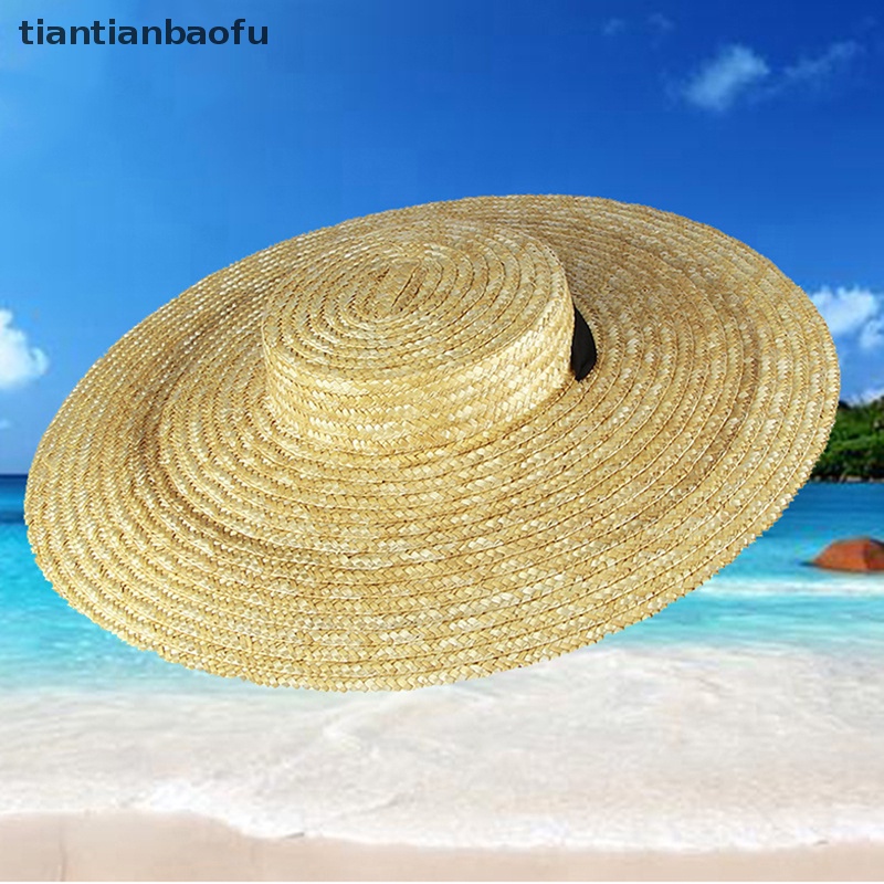 [tiantianbaofu] Wide Brim Straw Hat Untuk Wanita Pita Panjang Ladies Beach Hat Summer Sun Visor Cap Butik