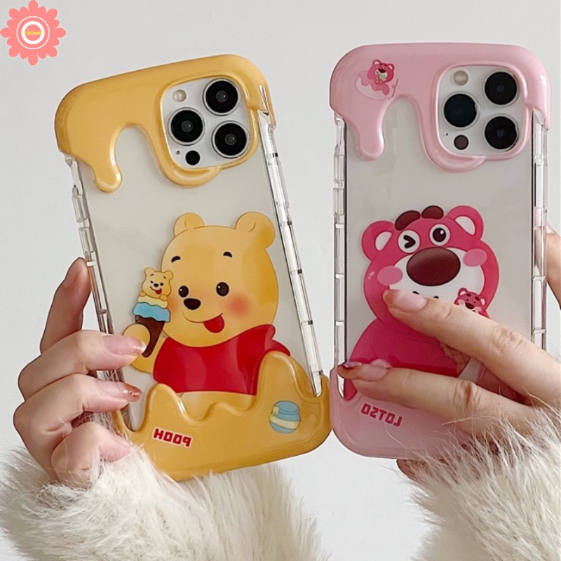 3d Ice Cream Cute Strawberry Bear Case Kompatibel Untuk IPhone 7Plus 8Plus 11 14 13 12 Pro Max XR 7 8 Plus X XS Max SE 2020 Kartun Winnie the Pooh Shockproof Airbag Soft Cover