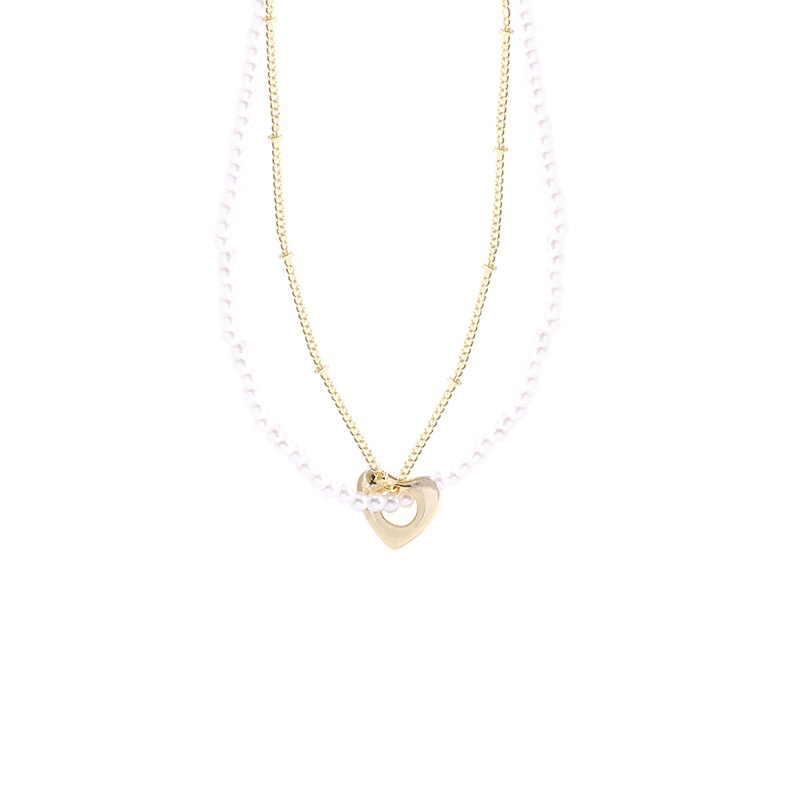 Vintage Double Layered Heart Pearl Necklace Korea Manis Emas Jantung Klavikula Rantai Kalung Aksesoris Fashion Baru