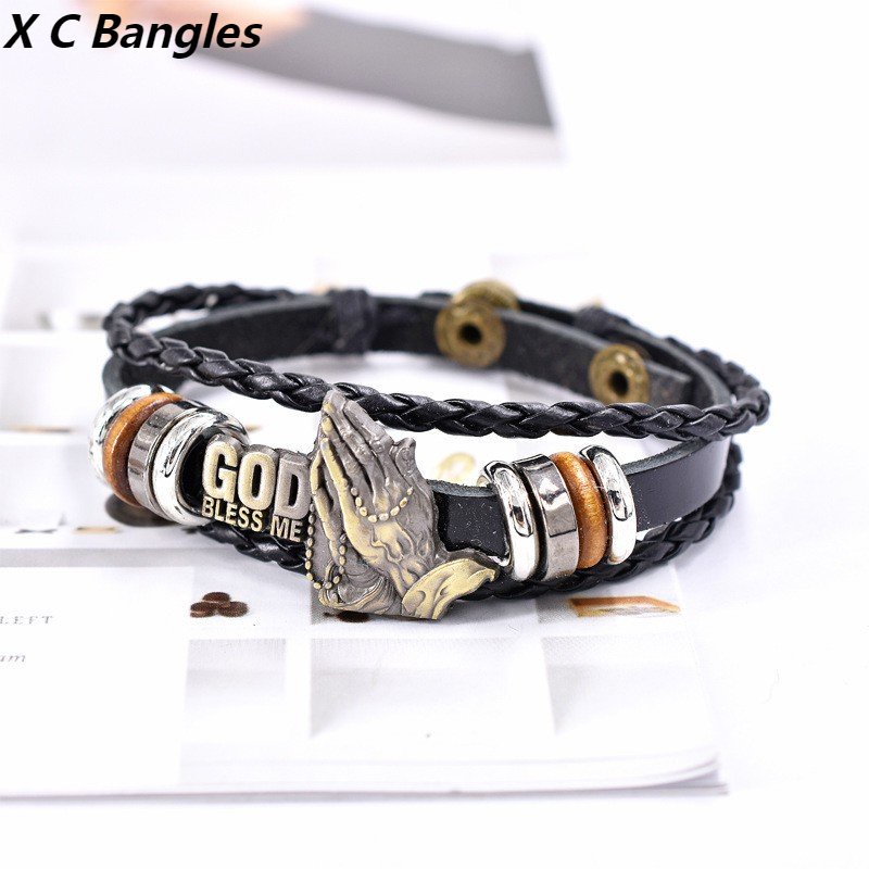 [X C Gelang] Baru Doa Allah Tangan Gelang Kulit Hitam Vintage Hip Hop Punk Gelang Kulit Lengan Manik-Manik Multilayer Zinc Alloy Anyaman Gelang