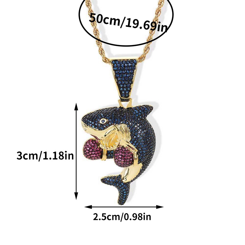 Cubic Zirkon Tinju Hiu Liontin Kalung Warna Emas Pesona Bling Pria Rantai Keluar Neckalce Hip Hop Anime Liontin Pesta Perhiasan