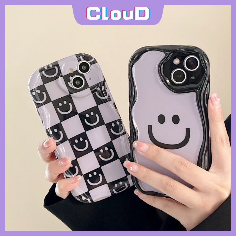 IPHONE Kartun Lucu Smiley Glossy Case Kompatibel Untuk Iphone11 14 13 12 Pro Max 7Plus XR X XS Max7 8 6s 6 Plus SE 2020 3D Wavy Curved Edge Lembut Shockproof Airbag Checkerboard Cover