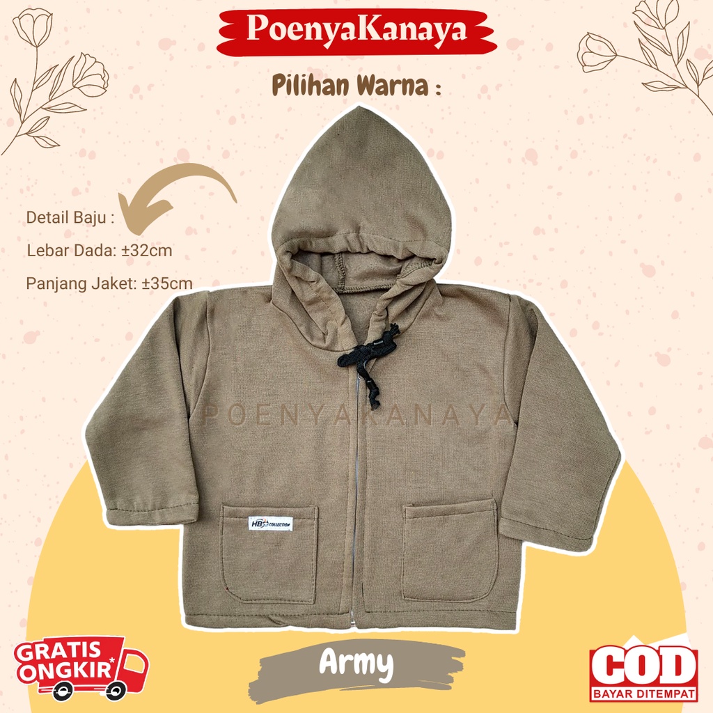 Jaket Bayi Anak fleece SAKU Resleting Kupluk Kepala POLOS HBc Size 6-18 Bulan JK09