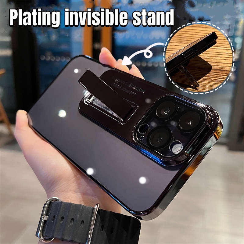 Invisible Stand Case iPhone 14 Pro Max Case Dengan Kamera Perlindungan Lensa14 Plus Case iPhone 13 Pro Max Mewah Kreatif: Transparan, Bening, Shockproof Hard Back Cover