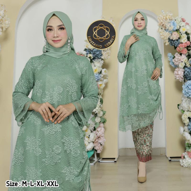 Bisa COD Kebaya Tunik Brukat Tille Full Bordir 100% realpict mewah / Tunik serut renda brukat balon 