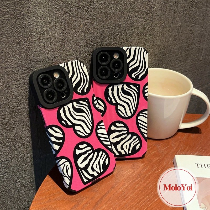 Casing Silikon Shockproof Untuk iPhone XR XS X Max8 7 Plus 7Plus 11 13 14 12 Pro Max Tekstur Kulit Mewah Motif Zebra Cinta Hati Ponsel Lembut Tpu Cover