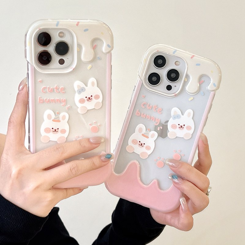 【3D Ice Cream】Summer 3D Soft Case IPhone XR XS Max 11 12 13 14 Pro Max 14 Plus for Women Girl Gift Cartoon Lovely Pin Rabbit Bunny