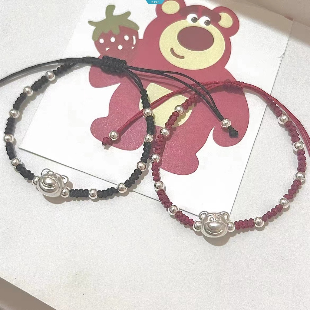 Fashion Strawberry Bear Mahasiswa Sederhana Gelang Beruntung Tangan Rajutan Gelang Pasangan Teman Beruntung Manik-Manik Kreatif Kartun Aksesoris Gelang [ZK]