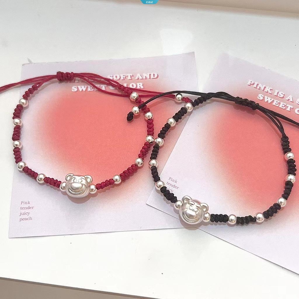 Fashion Strawberry Bear Mahasiswa Sederhana Gelang Beruntung Tangan Rajutan Gelang Pasangan Teman Beruntung Manik-Manik Kreatif Kartun Aksesoris Gelang [ZK]