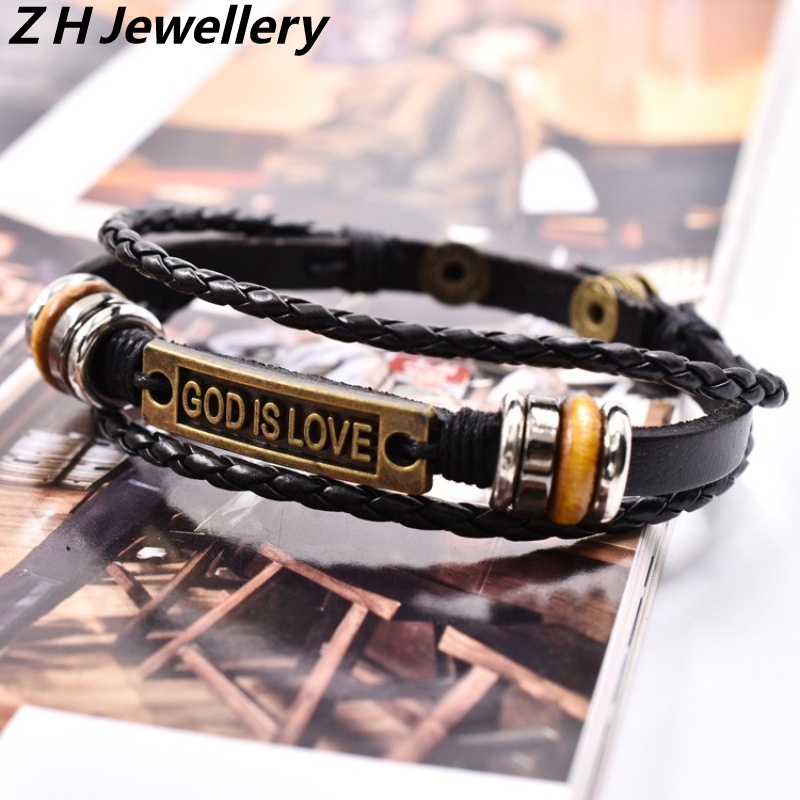 Z H Perhiasan Vintage Sederhana Rock God is Love Surat Gelang Kulit Pria Dan Wanita Fashion Stainless Steel Cinta Pasangan PU Gelang Punk Pesta Perhiasan Aksesoris