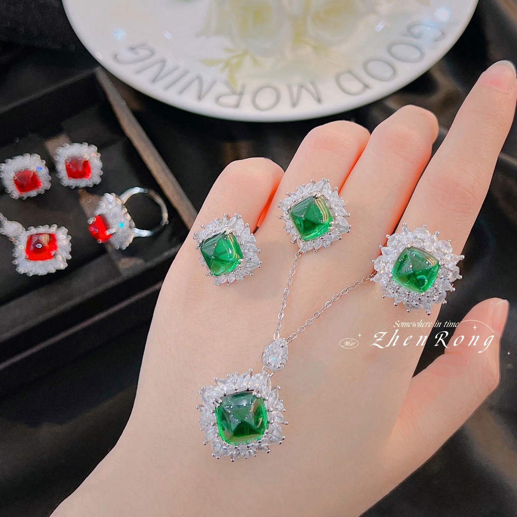 Goldkingdom Aksesoris Perhiasan Fashion Ready Stock Zamrud Cincin Cahaya Mewah Retro Warna-Warni Set Anting Liontin Kalung