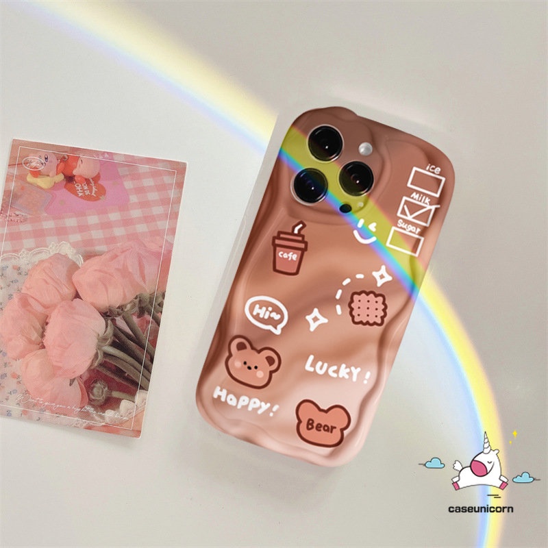 Kartun Lucu Beruang Kecil Casing Ponsel Kompatibel Untuk IPhone XR 11 13 12 14 Pro Max X 7 8 6s 6 Plus XS Max SE 2020 3D Bergelombang Melengkung Tepi Gradien Kopi Smiley Biskuit Tpu Soft Cover