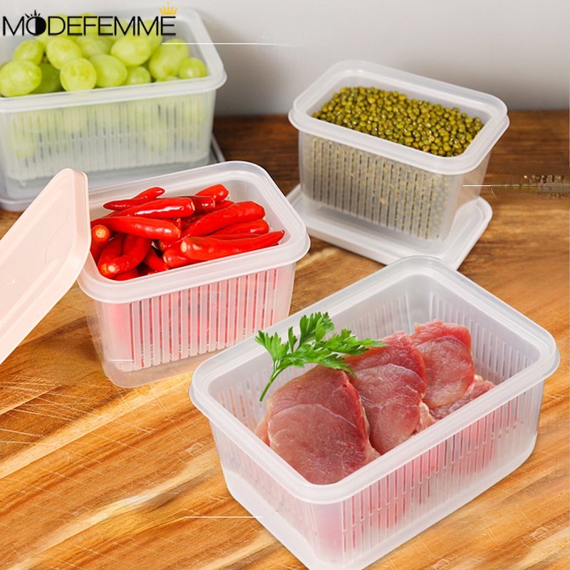 [Unggulan] Wadah Berpendingin Makanan Snack Bumbu Sub-Packed Case Reusable Perlengkapan Penyimpanan Rumah Daging Sayur Fresh-keeping Bin Double-deck Fruit Draining Box