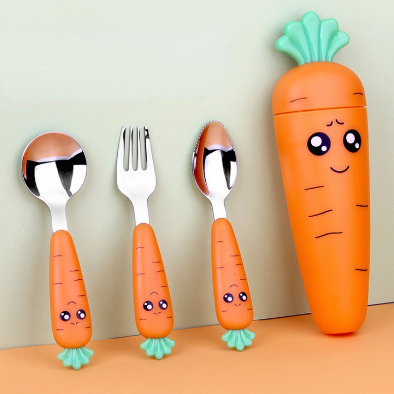 Stainless Steel Salad Kue Garpu Bayi Belajar Makan Sendok Gigi Halus Buah Menggores Sendok Kartun Wortel Anak Peralatan Makan
