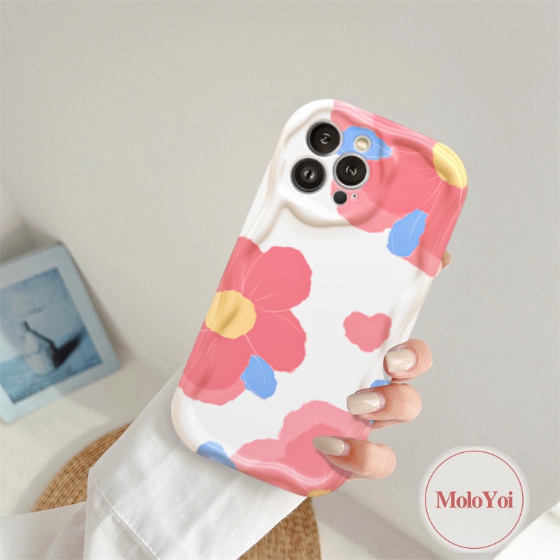 IPHONE Cream Lover Heart Blue Flowers Shockproof Case Kompatibel Untuk Iphone11 12 14 13 Pro Max8 7 6 6s Plus XR XS X Max SE 2020 3D Wavy Curved Edge Soft Tup Cover