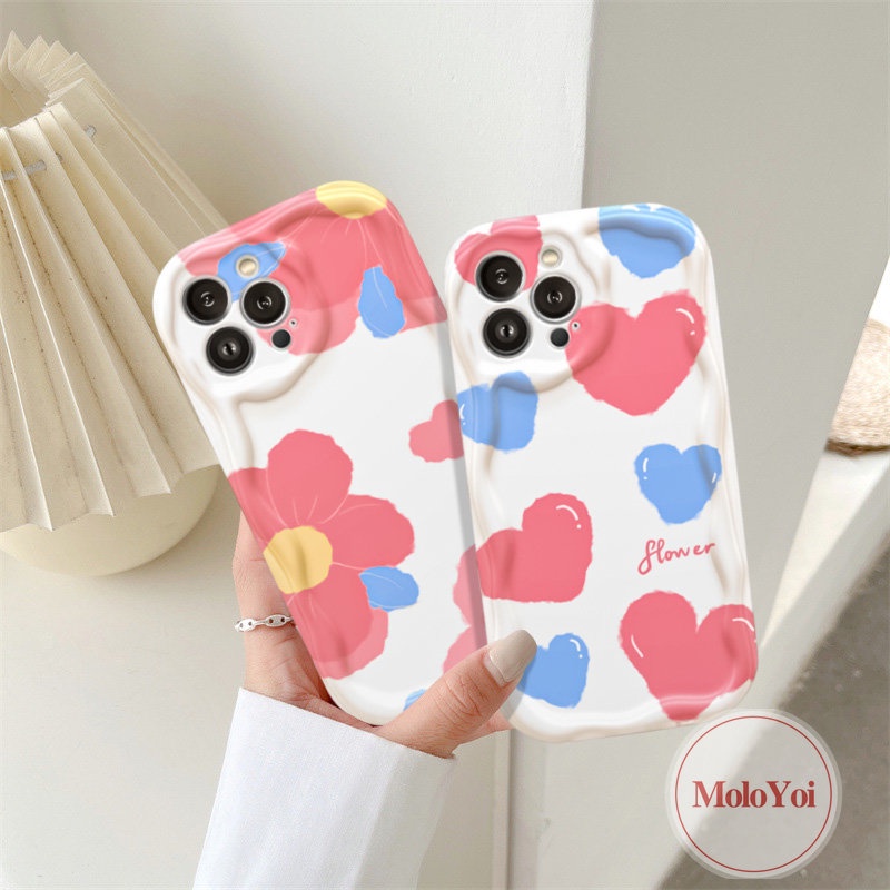 IPHONE Cream Lover Heart Blue Flowers Shockproof Case Kompatibel Untuk Iphone11 12 14 13 Pro Max8 7 6 6s Plus XR XS X Max SE 2020 3D Wavy Curved Edge Soft Tup Cover