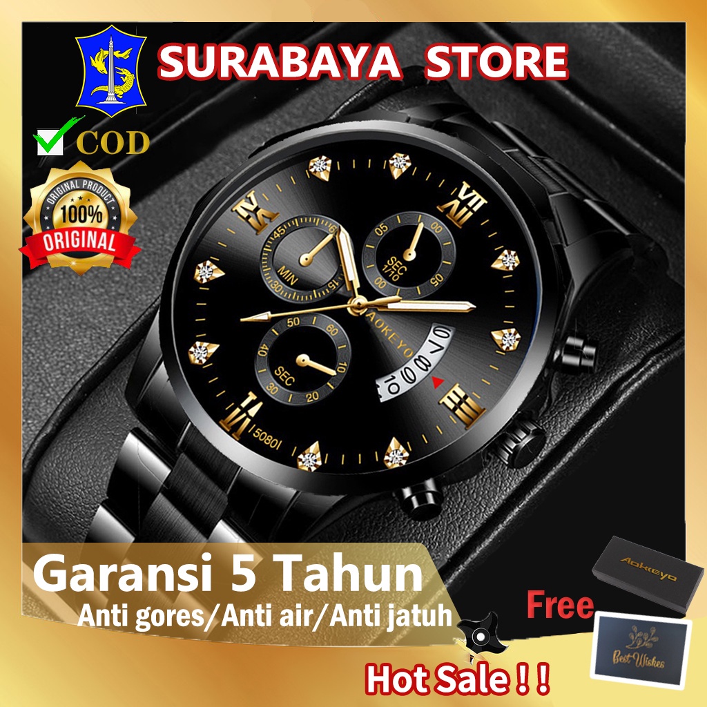 PROMO!!! 【TERMURAH】AOKEYO 5080 Jam Tangan Pria Anti Air Original Luxury Stainless Steel （Free BOX+Kartu Garansi）