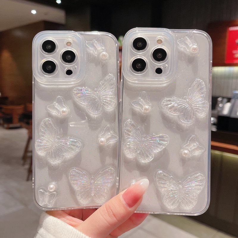 3D Crystal Laser Pearl butterfly Soft Case for IPhone 7 8 Plus X XS XR XS Max 11 13 12 14 PRO Max 14 Plus Clear Phone Case for Girl Women Gift