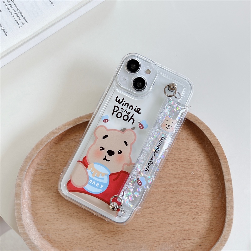 IPHONE Vinnie Bear Transparan Wrist Strap Soft Casing Cocok Untuk Iphone14 13 12 11 Pro Max Kartun Strawberry Bear Mengalir Pergelangan Tangan Strap Pelindung Case