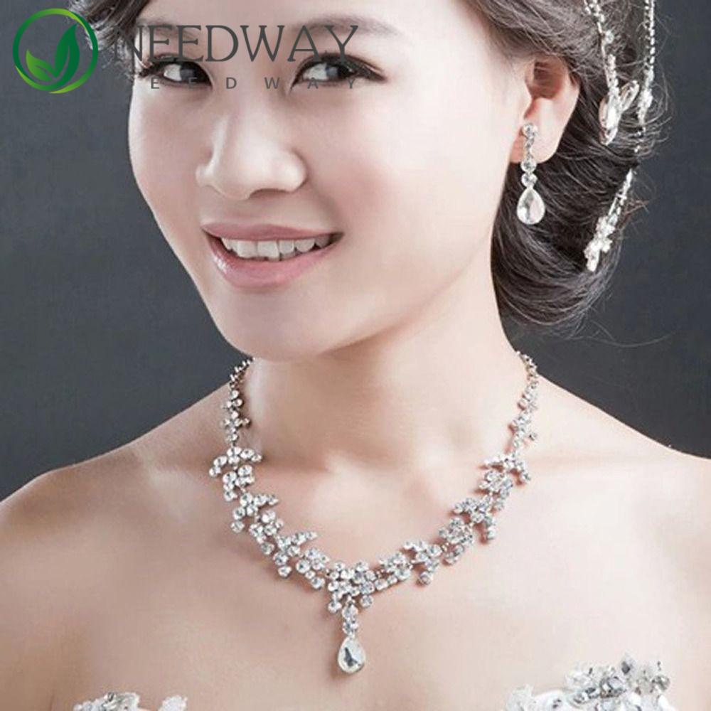 Needway   Set Perhiasan Pernikahan Pengantin Bergaya Shiny Hook Earrings Berlian Imitasi Disepuh Alloy Mahkota Kristal