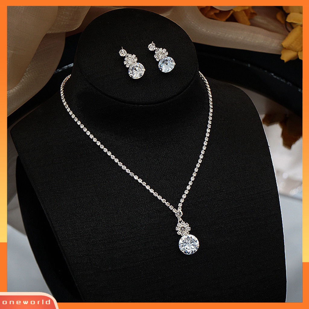 [ONE] 1set Set Perhiasan Pernikahan Elegan Untuk Wanita Cubic Zirconia Kristal Imitasi Choker Kalung Anting Pengantin Berlian Imitasi Aksesoris Fashion
