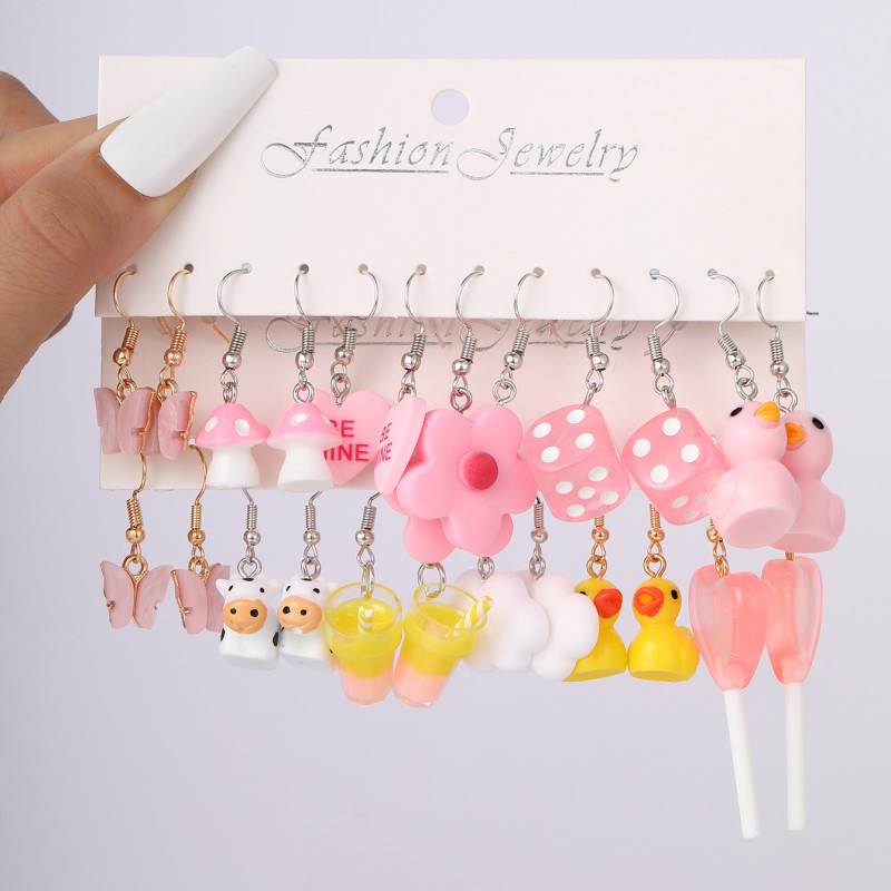 6 /12Pasang Kartun Drop Earrings Pink Bow Heart Kawaii Earring Untuk Wanita Fashion Perhiasan Aksesoris