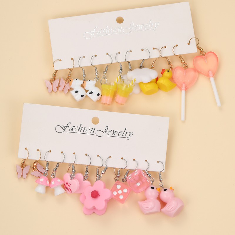 6 /12Pasang Kartun Drop Earrings Pink Bow Heart Kawaii Earring Untuk Wanita Fashion Perhiasan Aksesoris