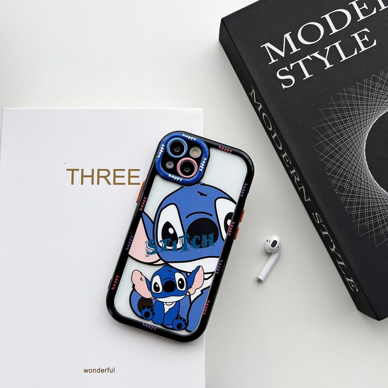 All New Cream Non-slip Camera Protect Soft Case IPhone X XR XS Max 11 12 13 14 Pro Max Women Girl Pretty Cute Blue STITCH Cartoon Phone Case