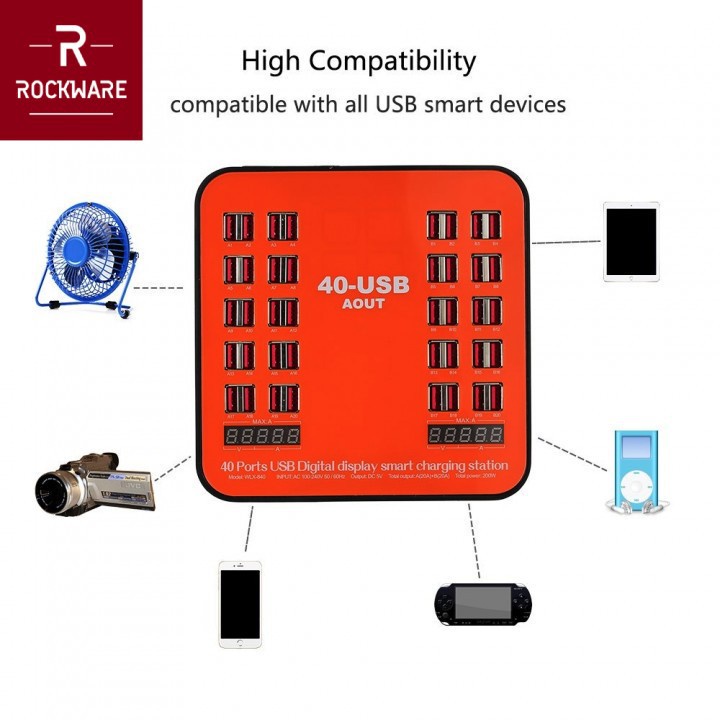 AKN88 - ROCKWARE WLX-840 - USB Wall Smart Charging Station 40 Port 200W 30A