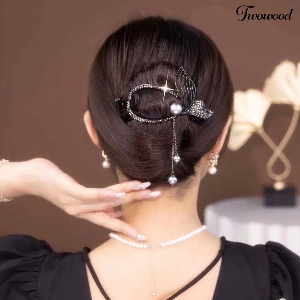 Twowood Mutiara Imitasi Rumbai Rambut Jepit Anti slip Gigi Indah Fishtail Twist Shape Rhinestone Hair Claw Styling Tool