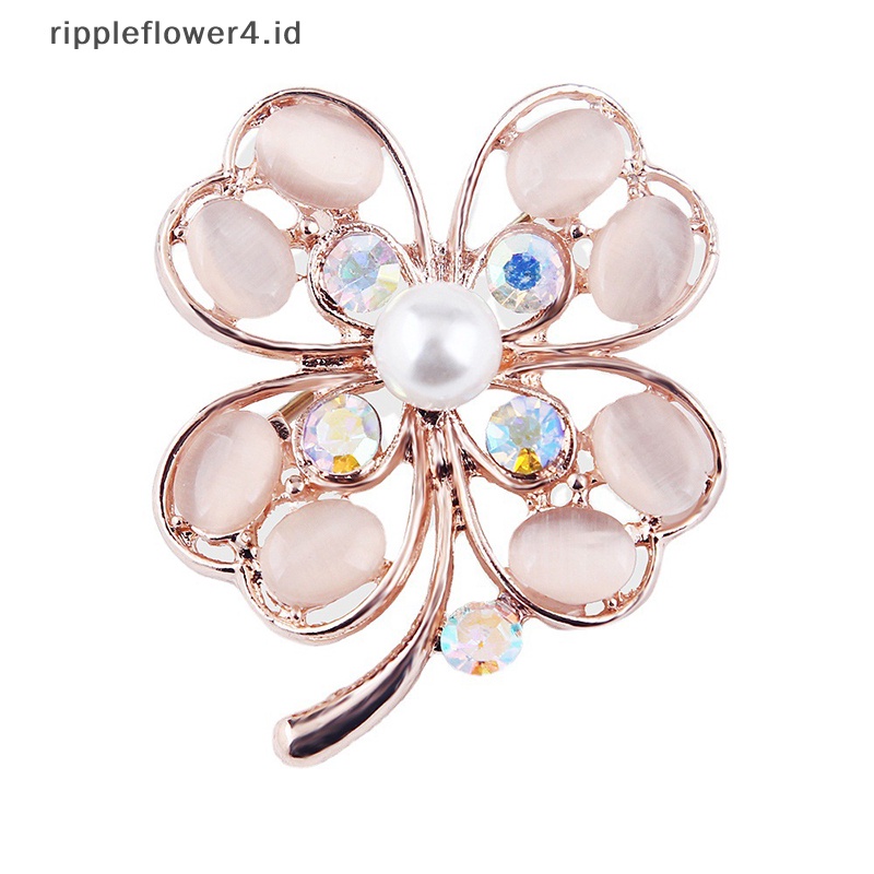 {rippleflower4.id} Lucky Clover Opal Batu Bros Kerah Pin Wanita Ladies Dress Jaket Mutiara Kristal Pin Aksesoris Perhiasan~