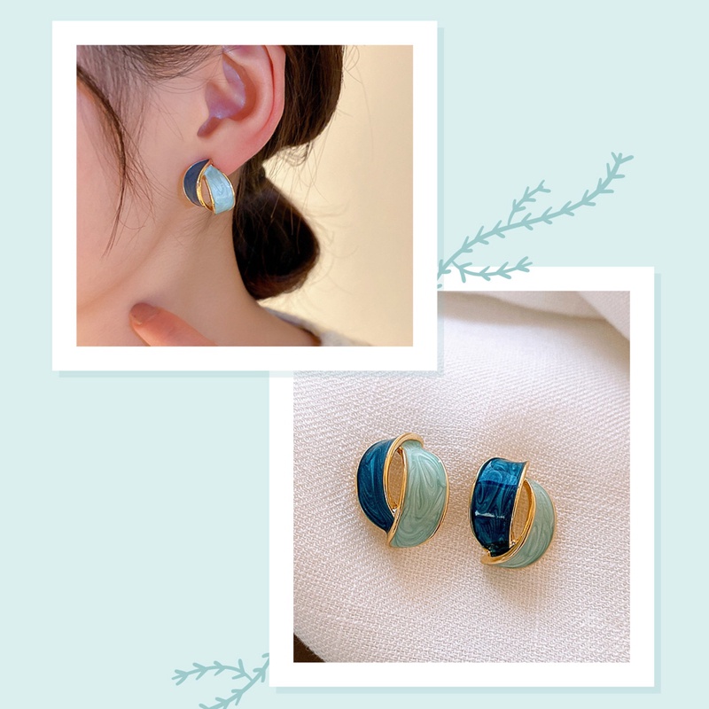 Korea Double Arc Cross Enamel Stud Earring Untuk Wanita Kepribadian Kontras Warna Biru Geometris Anting Perhiasan Pesta Pendientes